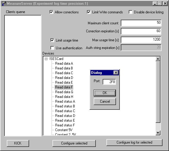 Konfiguran dialog - MeasureServer