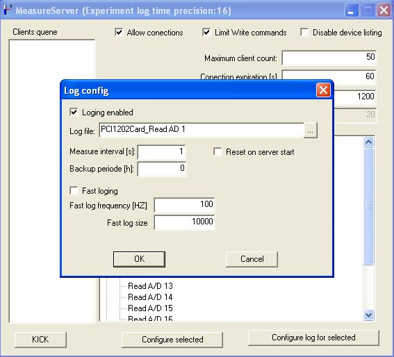 Konfiguran dialog logovn - MeasureServer